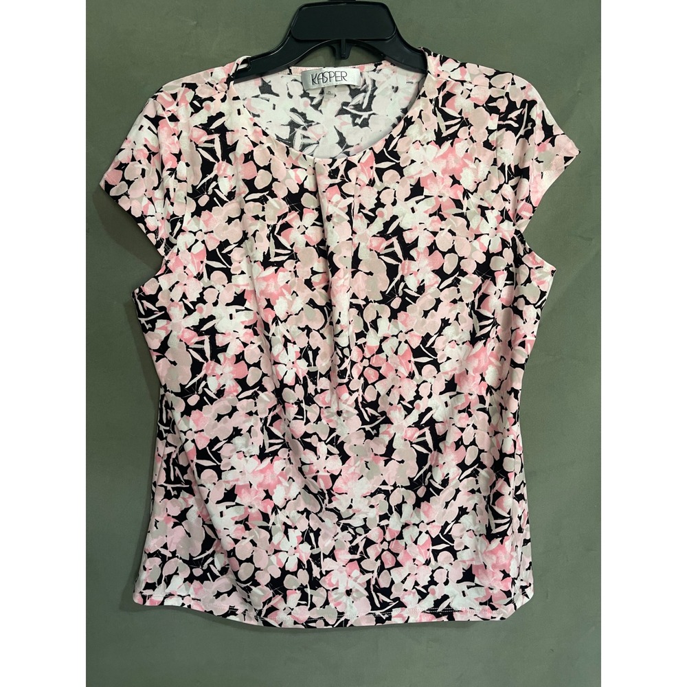 Kasper Petite Pink Floral Short Sleeve Pleat Neck Blouse Top PL
